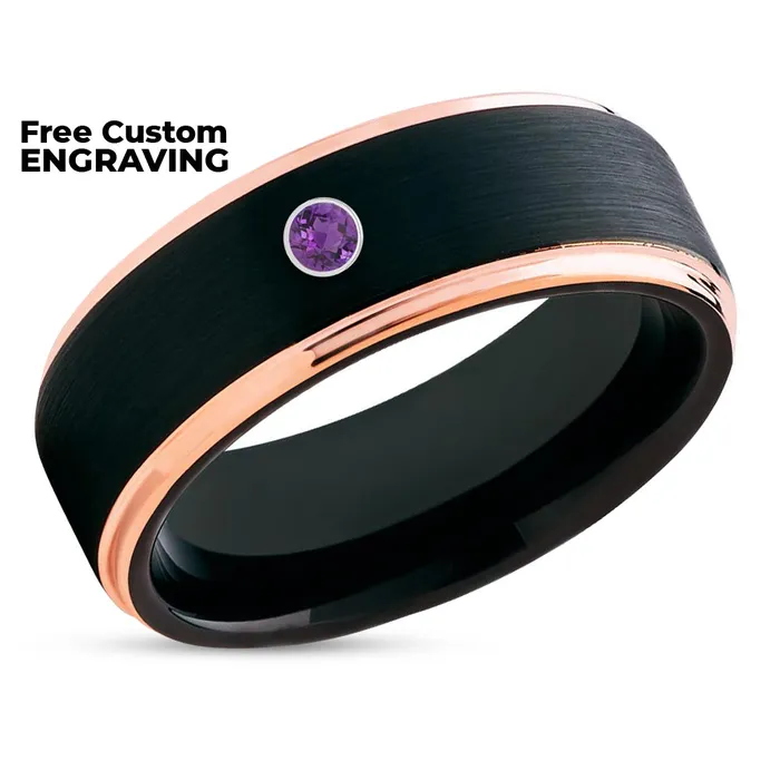 Amethyst Wedding Ring Black Tungsten Ring Rose Gold Wedding Band Mans Ring Womens Clean Casting Jewelry Rings