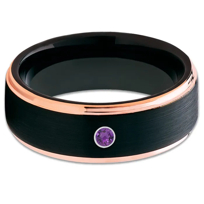 Amethyst Wedding Ring Black Tungsten Ring Rose Gold Wedding Band Mans Ring Womens Clean Casting Jewelry Rings
