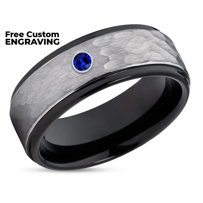Black Tungsten Ring Black Tungsten Band Blue Sapphire Ring Gray Wedding Band Clean Casting Jewelry Rings