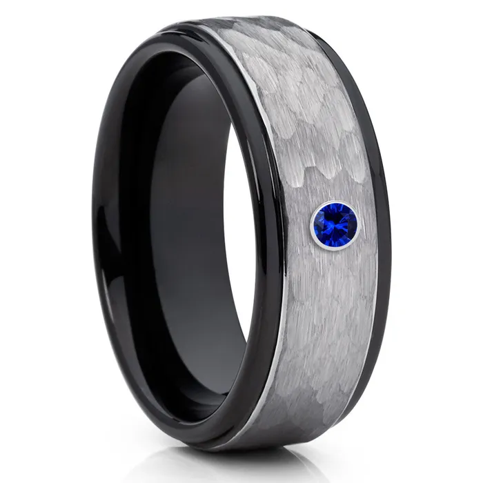 Black Tungsten Ring Black Tungsten Band Blue Sapphire Ring Gray Wedding Band Clean Casting Jewelry Rings