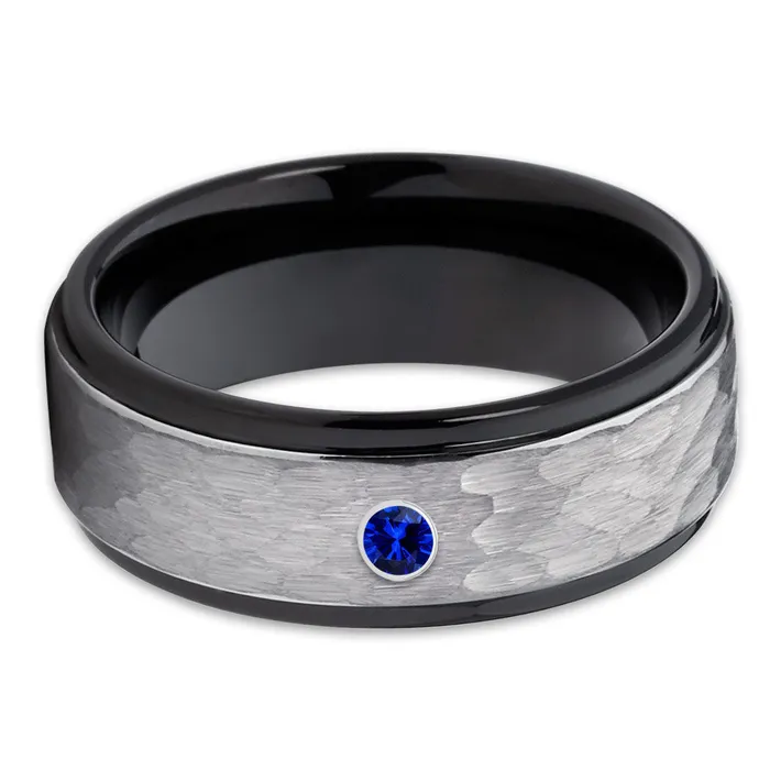 Black Tungsten Ring Black Tungsten Band Blue Sapphire Ring Gray Wedding Band Clean Casting Jewelry Rings