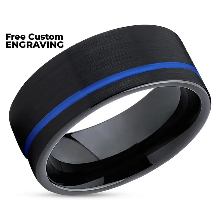 Blue Tungsten Ring Black Wedding Ring Tungsten Wedding Band Black Ring Blue Clean Casting Jewelry Rings