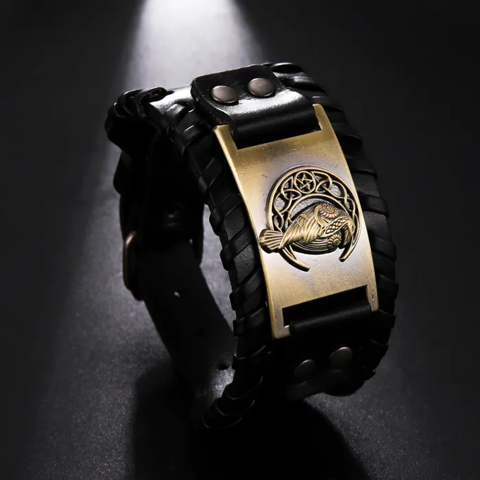 Bracelets Viking Leather Bracelet With Norse Raven VikingStore