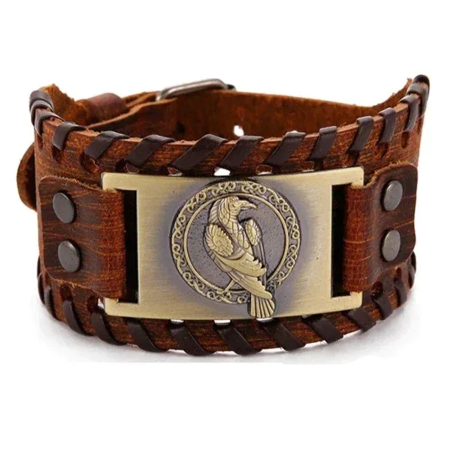 Bracelets Viking Leather Bracelet With Norse Raven VikingStore