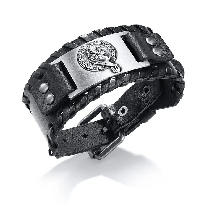 Bracelets Viking Leather Bracelet With Norse Raven VikingStore