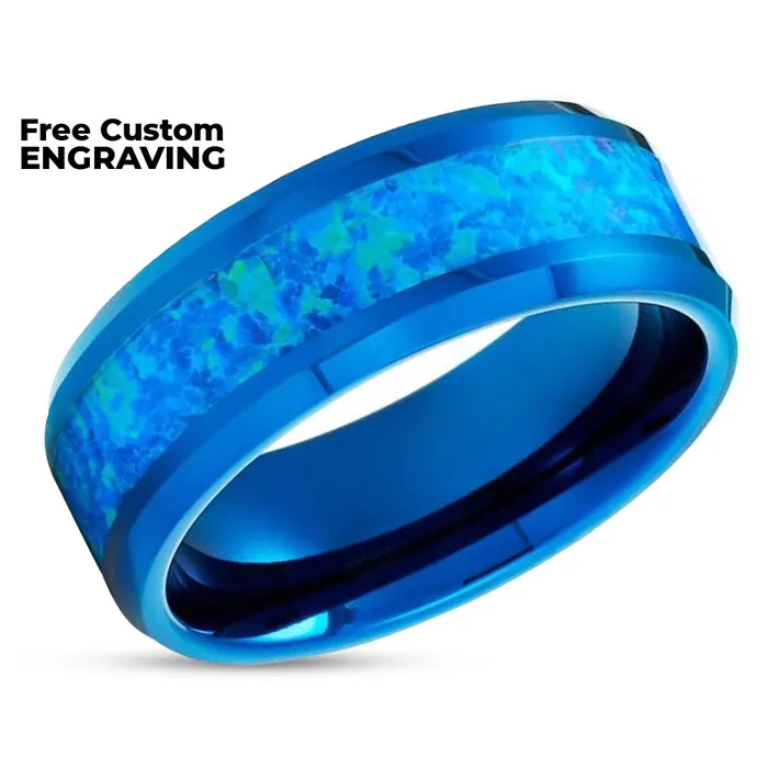 Clean Casting Jewelry Blue Opal Wedding Ring Blue Tungsten Ring Blue Opal Ring Wedding Band 8mm Rings