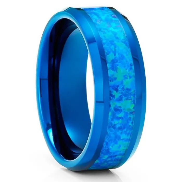 Clean Casting Jewelry Blue Opal Wedding Ring Blue Tungsten Ring Blue Opal Ring Wedding Band 8mm Rings