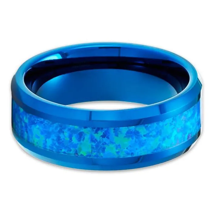 Clean Casting Jewelry Blue Opal Wedding Ring Blue Tungsten Ring Blue Opal Ring Wedding Band 8mm Rings