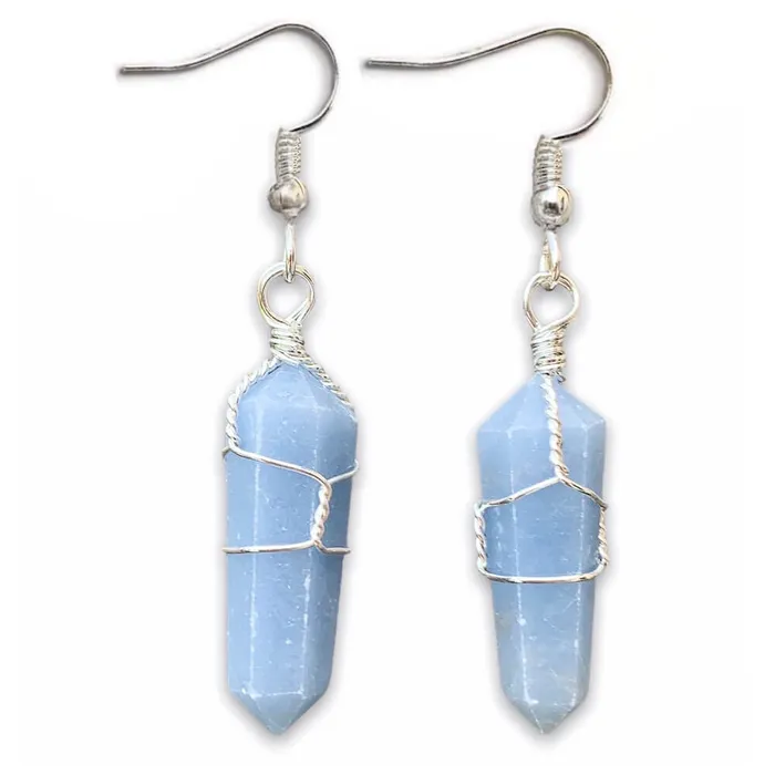 Earrings Blue Angelite Stone Wired Wrap Crystal Double Point Earrings Magic Crystals