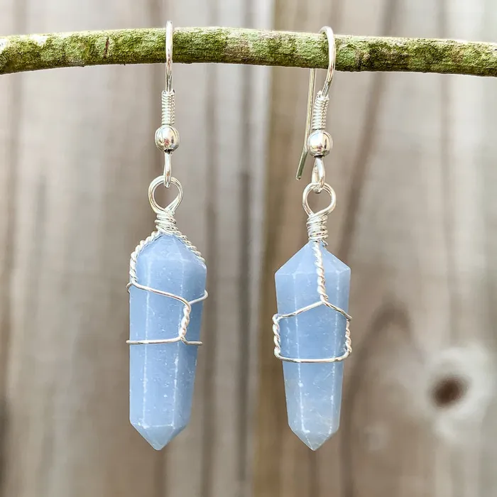 Earrings Blue Angelite Stone Wired Wrap Crystal Double Point Earrings Magic Crystals