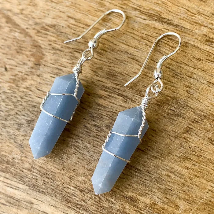 Earrings Blue Angelite Stone Wired Wrap Crystal Double Point Earrings Magic Crystals