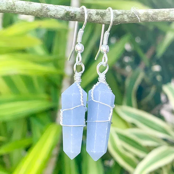 Earrings Blue Angelite Stone Wired Wrap Crystal Double Point Earrings Magic Crystals