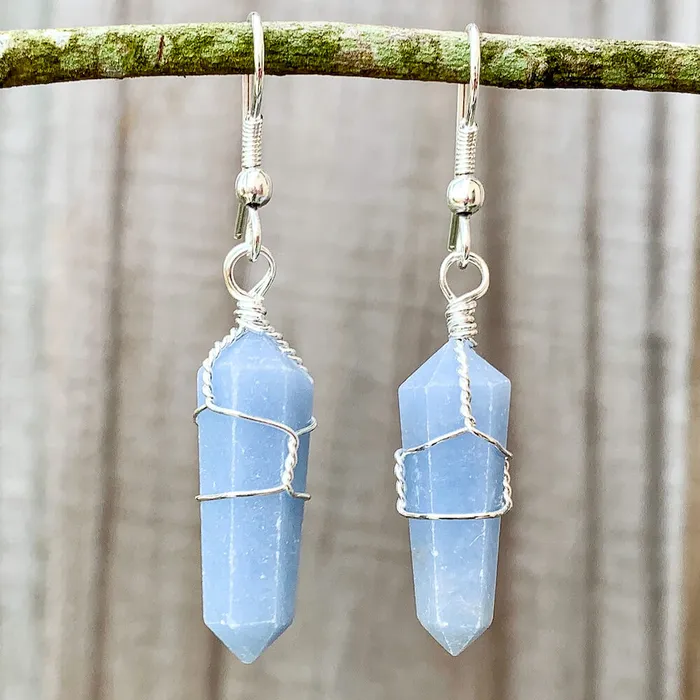 Earrings Blue Angelite Stone Wired Wrap Crystal Double Point Earrings Magic Crystals
