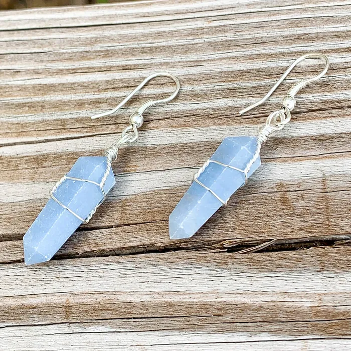 Earrings Blue Angelite Stone Wired Wrap Crystal Double Point Earrings Magic Crystals