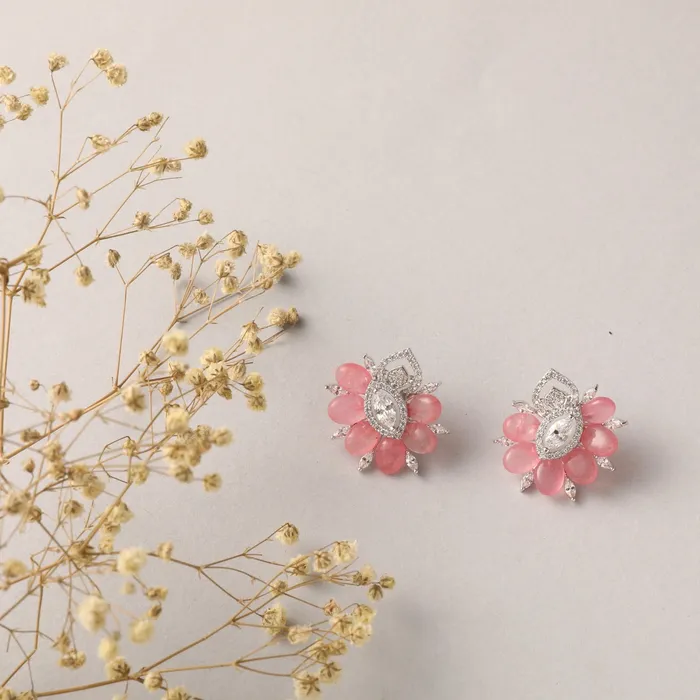Earrings SILVER Garden Blooms Pink beads and CZ Stud Earrings