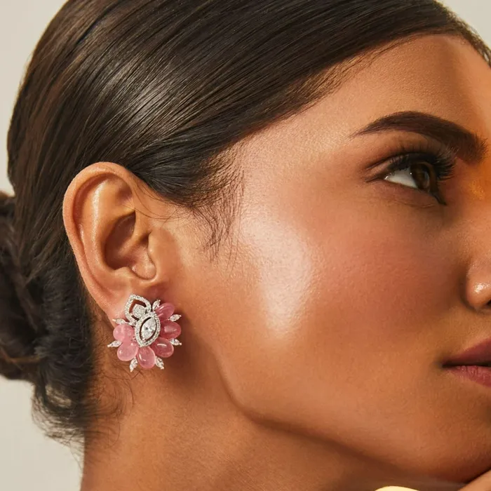 Earrings SILVER Garden Blooms Pink beads and CZ Stud Earrings