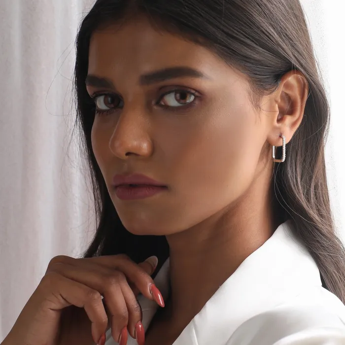 Earrings Single Pave Square Hoop Silver Earrings SILVER