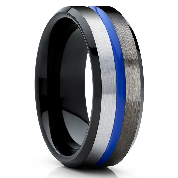 Gunmetal Tungsten Ring Blue Tungsten Ring Blue Wedding Ring Black Tungsten Ring Clean Casting Jewelry Rings