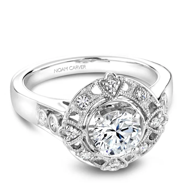 International Diamond Center Rings Noam Carver White Gold Vintage Diamond Engagement Ring Setting with Milgrain Accented Halo 019 CTW