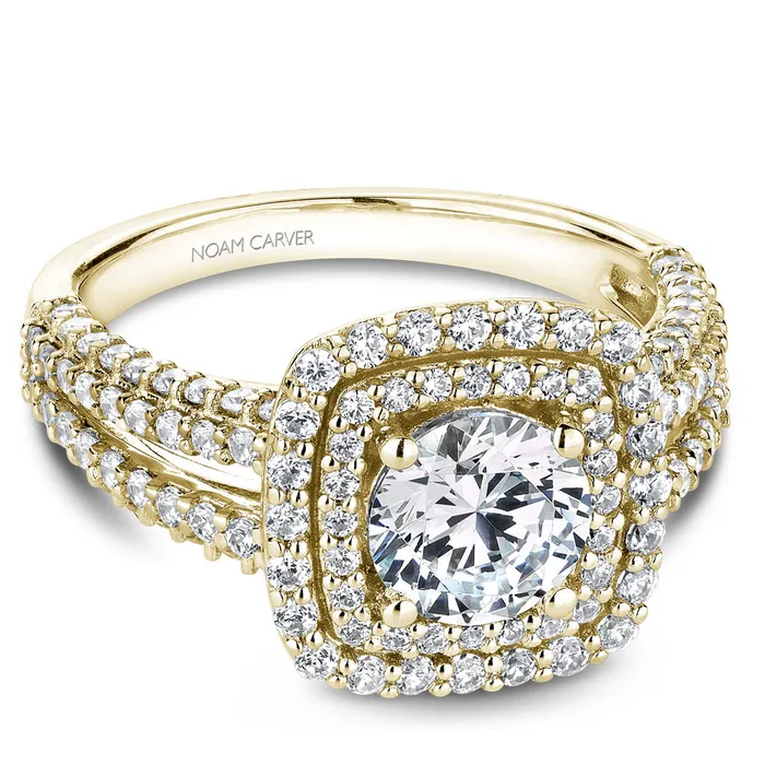 International Diamond Center Rings Noam Carver Yellow Gold 4Row Split Shank Diamond Engagement Ring Setting with Double Halo 106 CTW