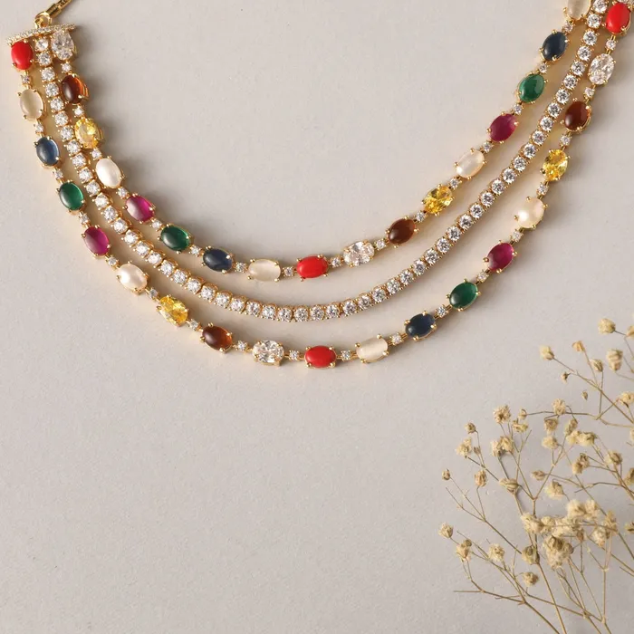 Necklaces SILVER Navaratna and CZ Layered Silver Necklace