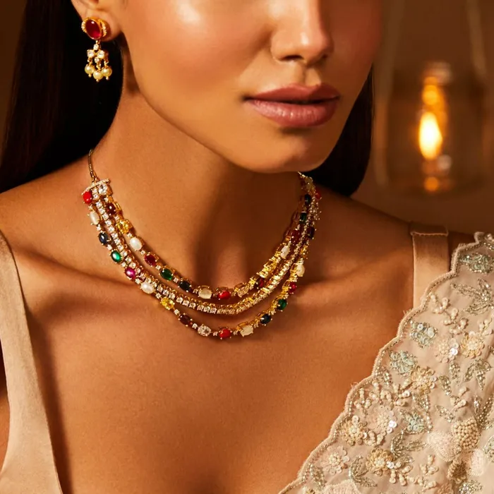 Necklaces SILVER Navaratna and CZ Layered Silver Necklace