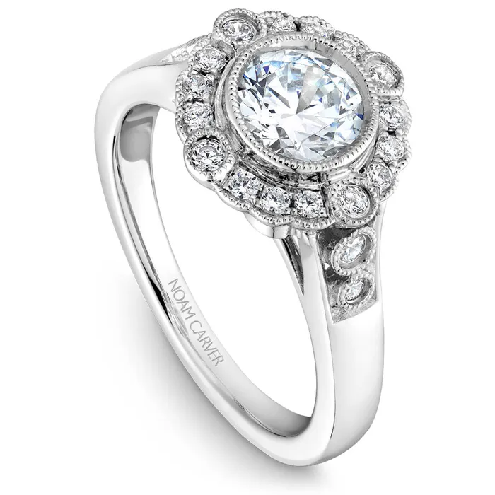 Noam Carver White Gold Bezel Set Halo Engagement Ring Setting with Milgrain 027 CTW International Diamond Center Rings Noam Carver White Gold Bezel Set Halo Engagement Ring Setting with Milgrain 027 CTW International Diamond Center Rings