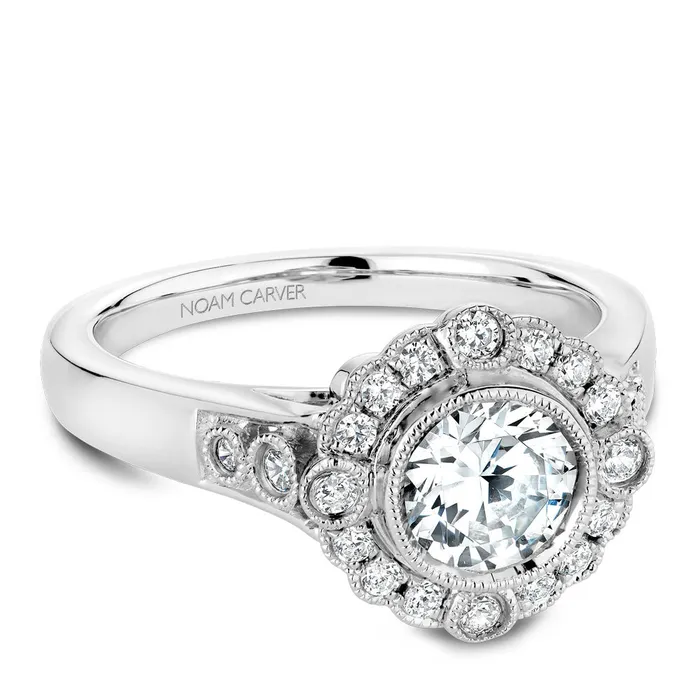 Noam Carver White Gold Bezel Set Halo Engagement Ring Setting with Milgrain 027 CTW International Diamond Center Rings