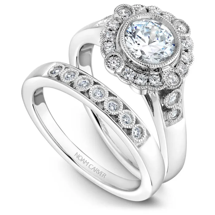Noam Carver White Gold Bezel Set Halo Engagement Ring Setting with Milgrain 027 CTW International Diamond Center Rings