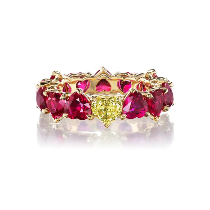 Rings Heart Shaped Burmese Ruby and Fancy Yellow Diamond Eternity Band SG Fine