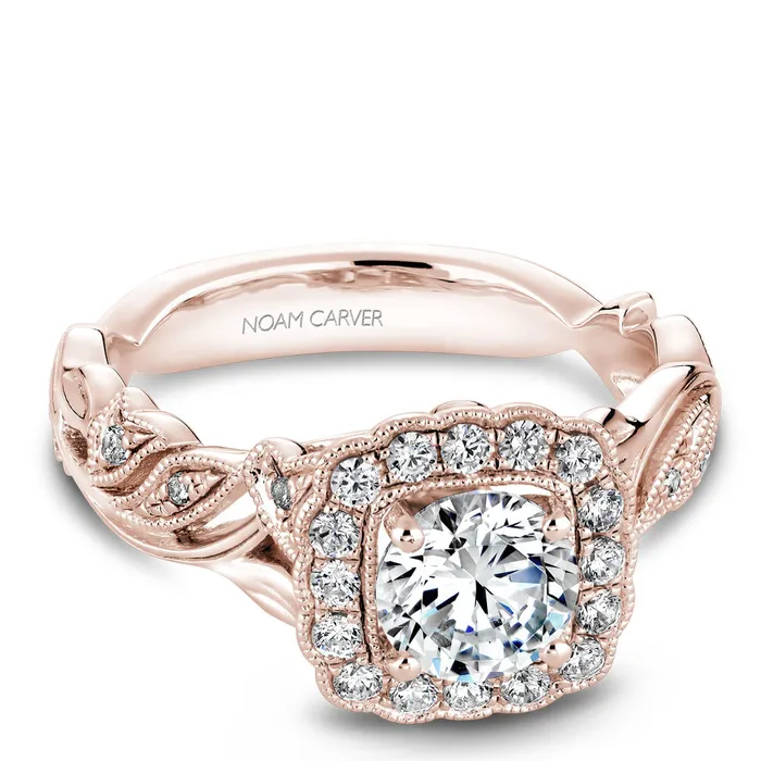 Rings International Diamond Center Noam Carver Rose Gold Halo Diamond Engagement Ring Setting with Floral Shank 030 CTW