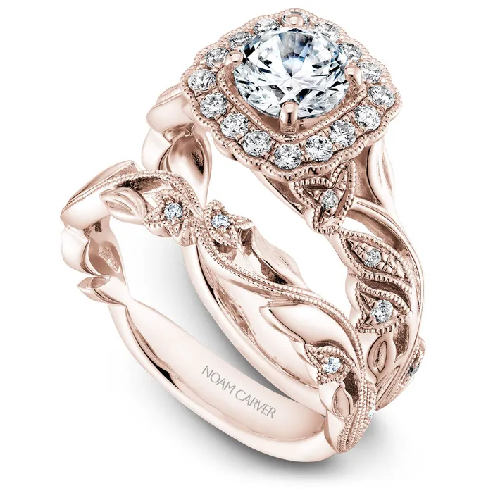 Rings International Diamond Center Noam Carver Rose Gold Halo Diamond Engagement Ring Setting with Floral Shank 030 CTW