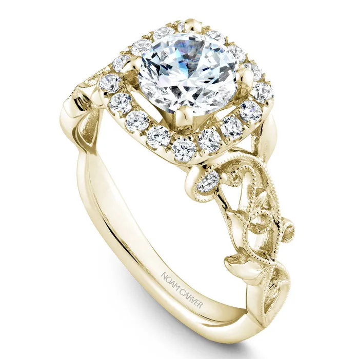Rings International Diamond Center Noam Carver Yellow Gold Cushion Halo Engagement Ring Setting with Carved Shank 035 CTW Rings International Diamond Center Noam Carver Yellow Gold Cushion Halo Engagement Ring Setting with Carved Shank 035 CTW