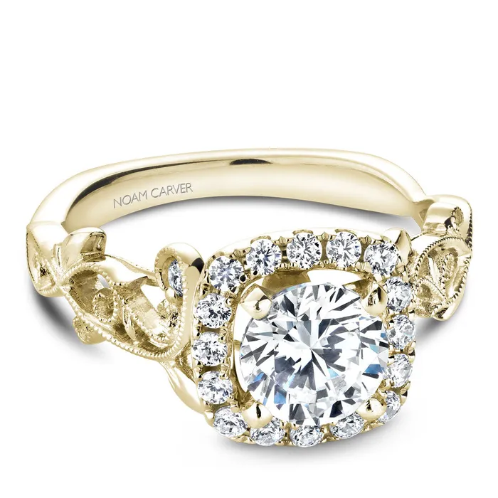 Rings International Diamond Center Noam Carver Yellow Gold Cushion Halo Engagement Ring Setting with Carved Shank 035 CTW