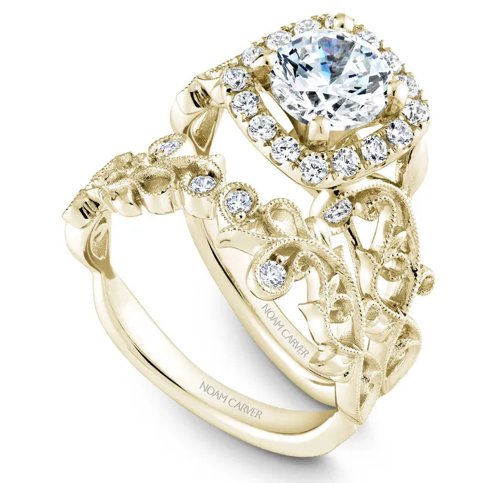 Rings International Diamond Center Noam Carver Yellow Gold Cushion Halo Engagement Ring Setting with Carved Shank 035 CTW