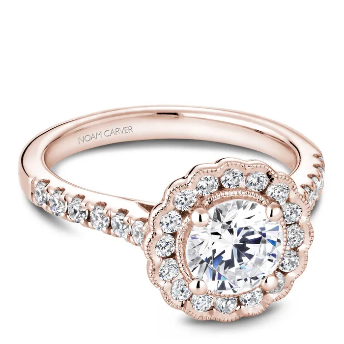 Rings Noam Carver Rose Gold Floral Halo Engagement Ring Setting 059 CTW International Diamond Center