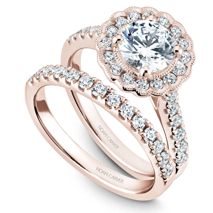 Rings Noam Carver Rose Gold Floral Halo Engagement Ring Setting 059 CTW International Diamond Center