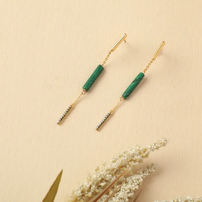 SILVER Earrings Malachite Bar Charm Silver Drop Earrings