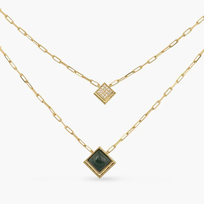 SILVER Necklaces Malachite Duo Layer Square Charm Silver Necklace