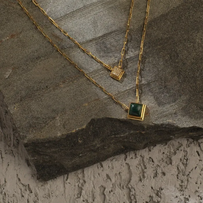 SILVER Necklaces Malachite Duo Layer Square Charm Silver Necklace