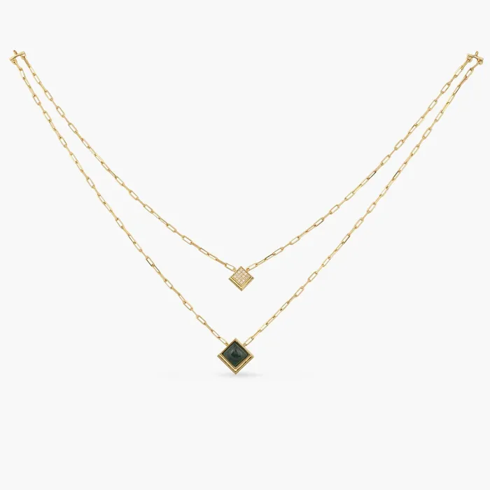 SILVER Necklaces Malachite Duo Layer Square Charm Silver Necklace