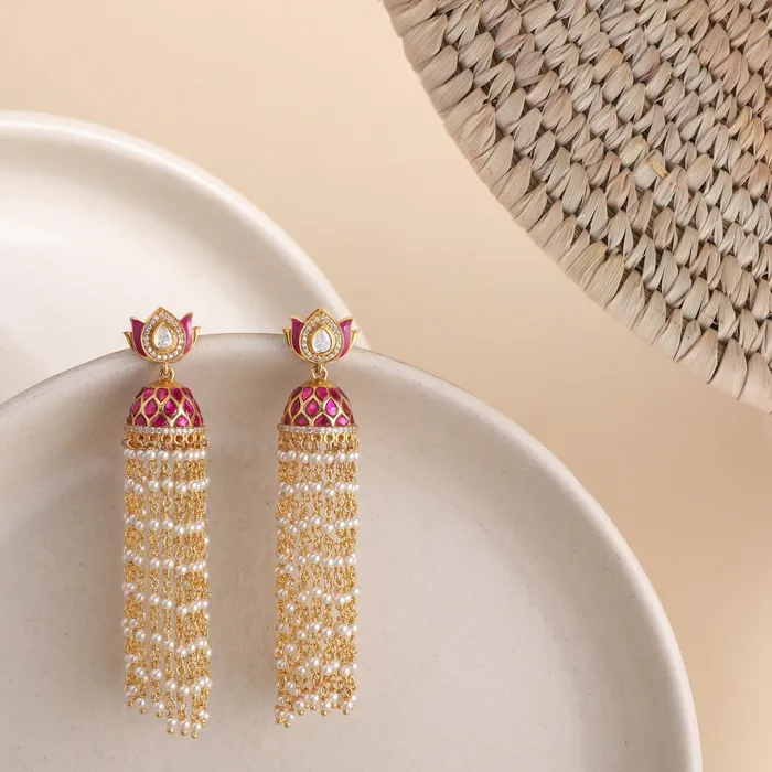 SILVER Necklaces Mrinali Jadau and Pearl chain Gold Plated Silver Jhumka