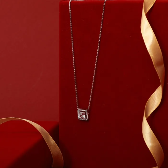 Squared Brilliance CZ Silver Pendant Necklace SILVER Necklaces
