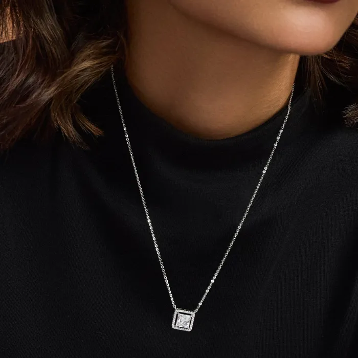 Squared Brilliance CZ Silver Pendant Necklace SILVER Necklaces