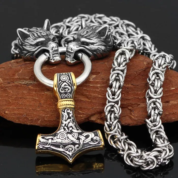VikingStore Necklaces King Chain With Twin Wolf Heads Gold Trimmed Mjolnir Pendant VikingStore Necklaces King Chain With Twin Wolf Heads Gold Trimmed Mjolnir Pendant