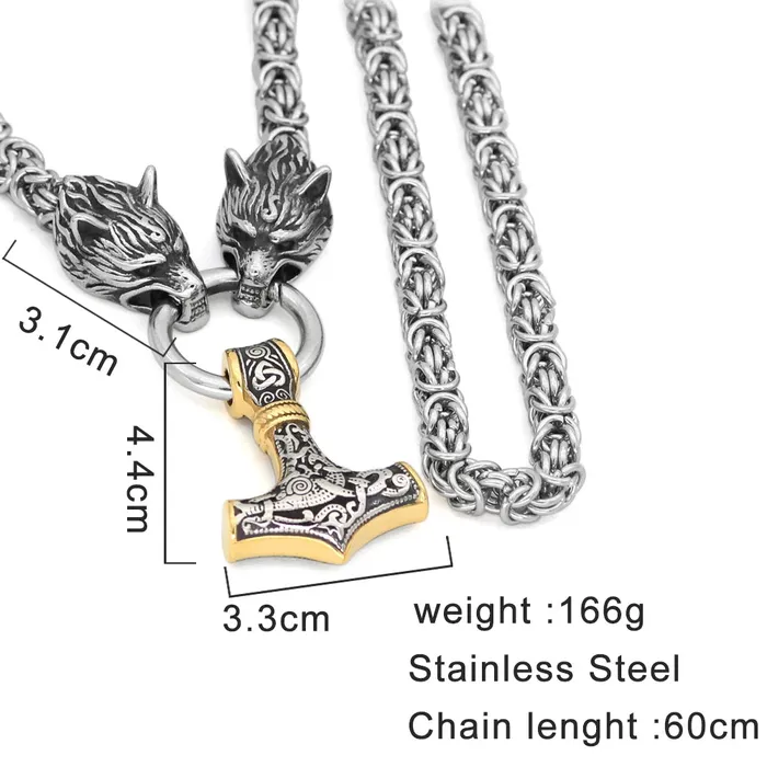 VikingStore Necklaces King Chain With Twin Wolf Heads Gold Trimmed Mjolnir Pendant