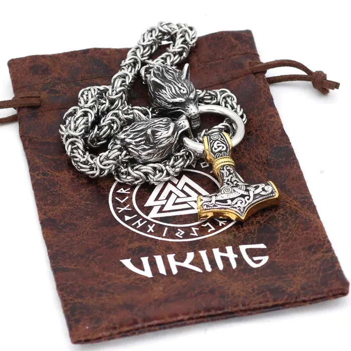 VikingStore Necklaces King Chain With Twin Wolf Heads Gold Trimmed Mjolnir Pendant