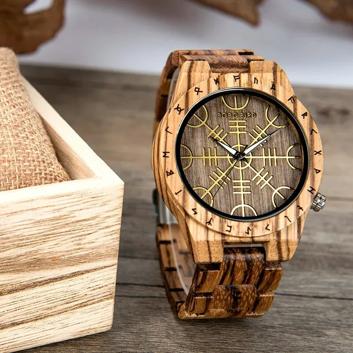 Wooden Viking Watch With Helm Of Awe Design VikingStore Watches