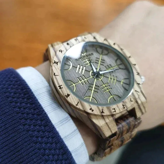 Wooden Viking Watch With Helm Of Awe Design VikingStore Watches