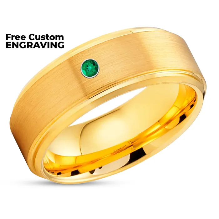 Yellow Gold Tungsten Ring Emerald Wedding Ring Tungsten Ring Engagement Ring Band Clean Casting Jewelry Rings